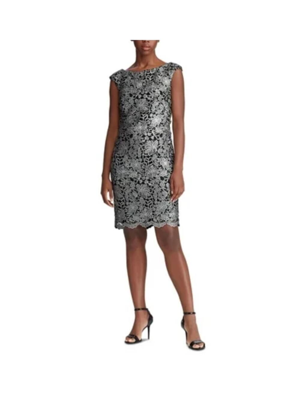 Ralph Lauren Black and Silver Cocktail Dress Lace Sleeveless Midi Sheath Size 6